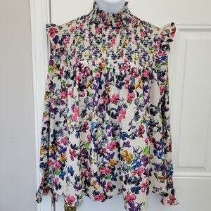 French Connection Ruffled Floral Print Blouse Smocked High Neck Size Small
